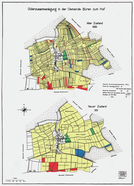 Exemple d’amélioration foncière : plans cadastraux de la commune de Büren zum Hof, avant et après le remaniement parcellaire, 1920 et 1921 (Archives de l’État de Berne, AA IV 1983)